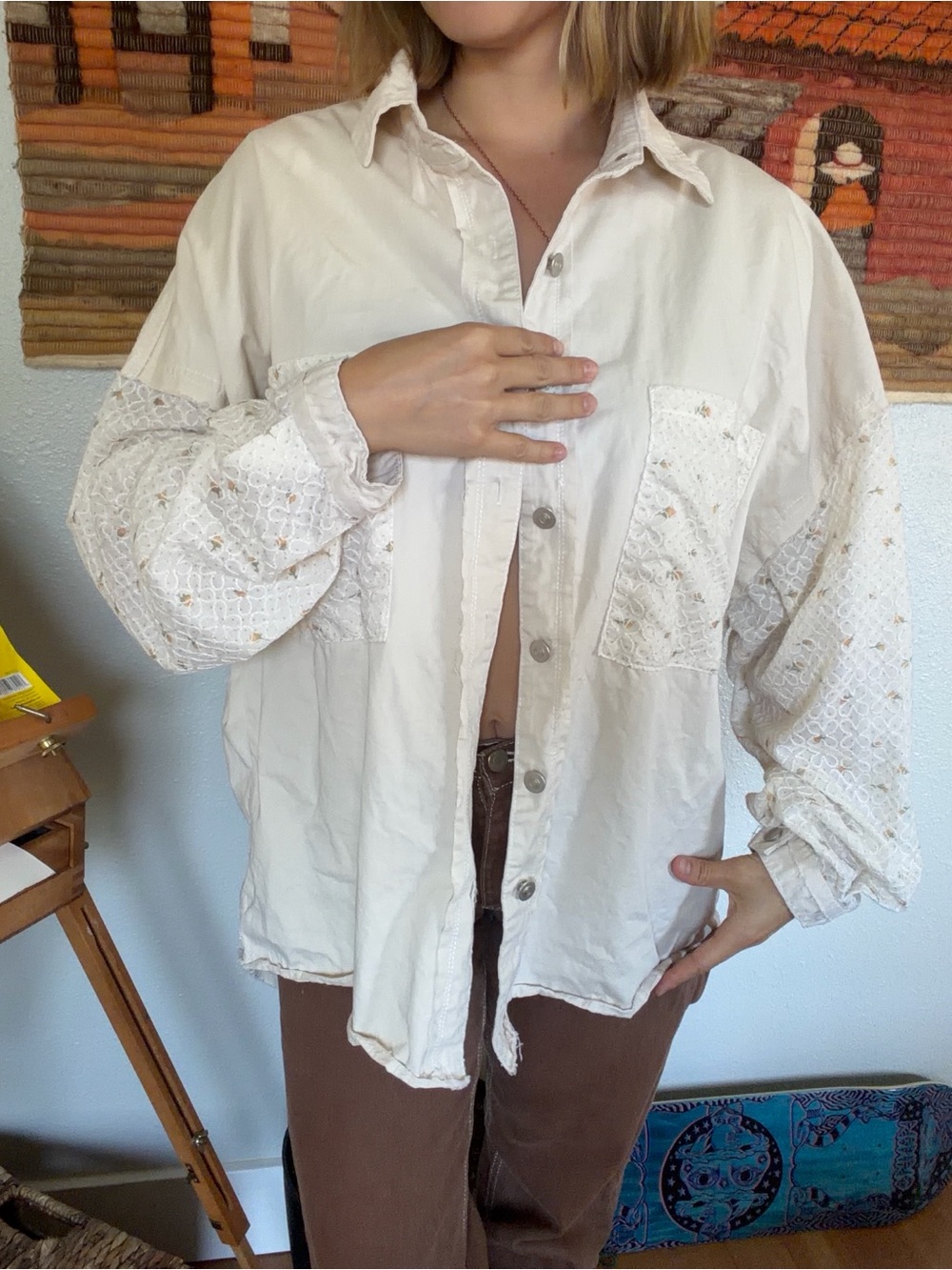 POL Cream Lace-Sleeve Button Front Jacket